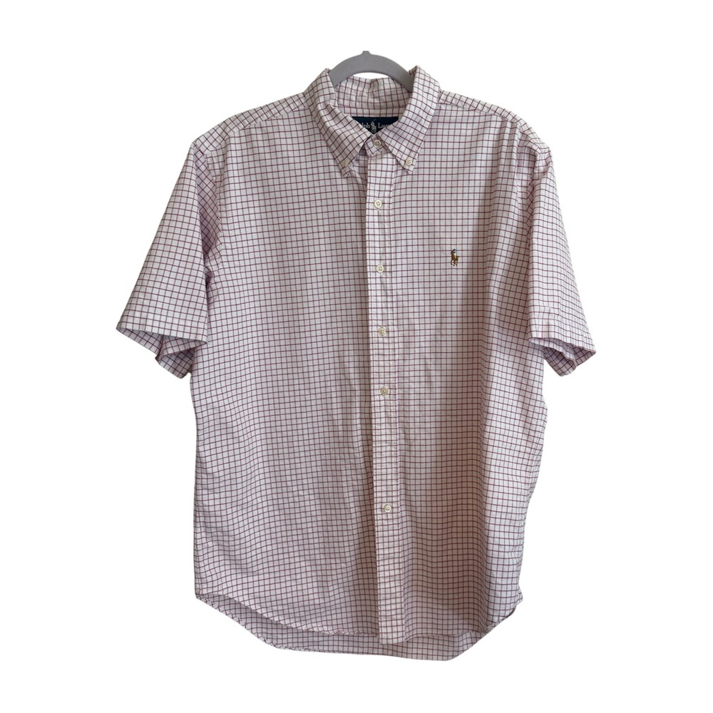 Ralph Lauren Button Down Shirt Mens L Pink Plaid Classic Fit Short Sleeve‎ Pony